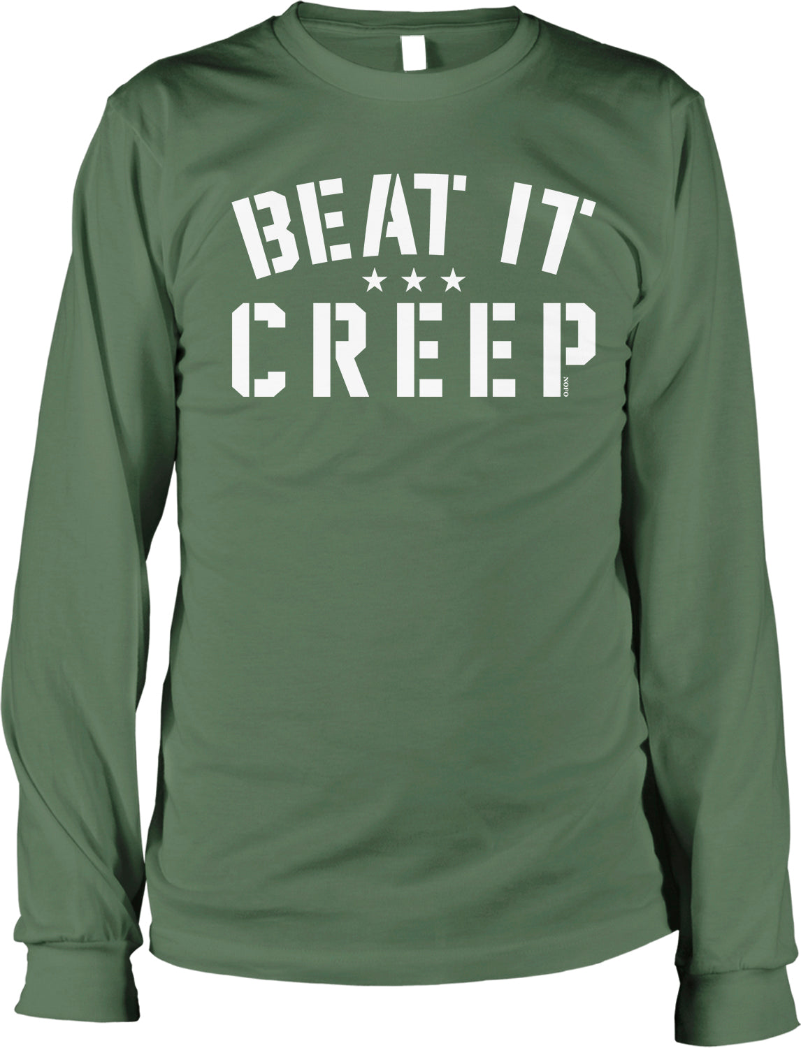 A green long-sleeved t-shirt with the text "BEAT IT CREEP" printed on it in white letters.