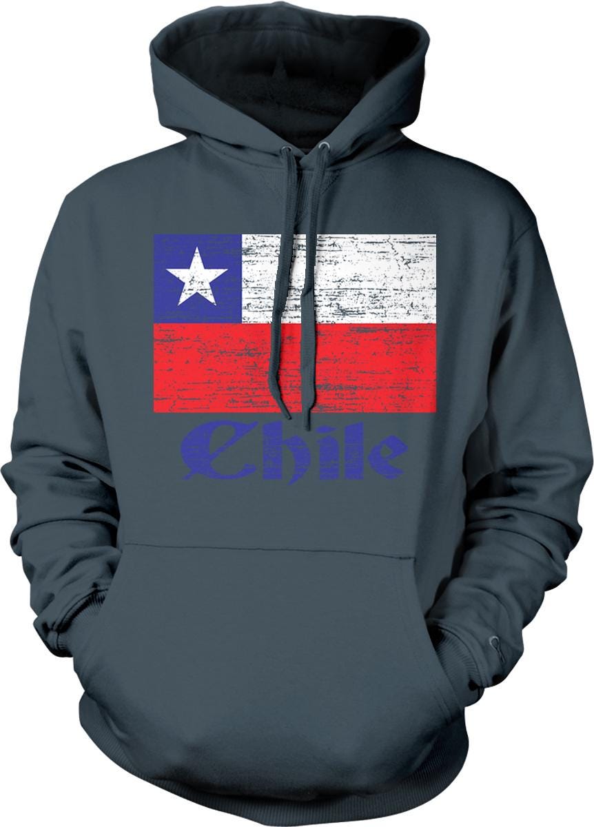 A gray hoodie with a graphic design featuring the flag of Texas and the word "Chile" printed on it.