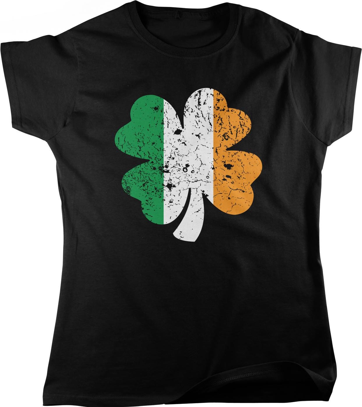 A black t-shirt with a graphic design of a four-leaf clover in the colors of the Irish flag.