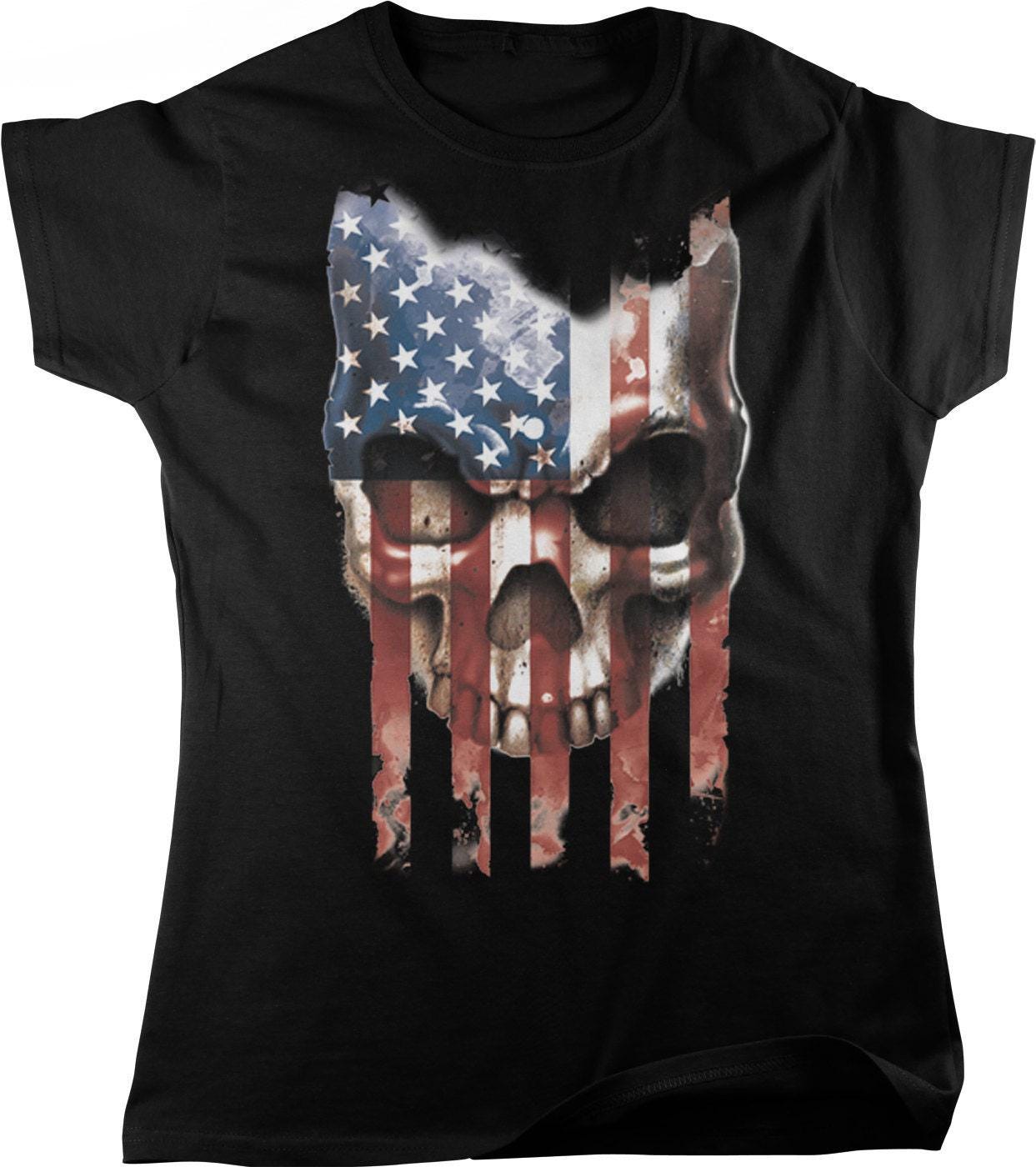 American Flag T-Shirt - Women's Patriotic Skull Tee With Freedom Flag Design