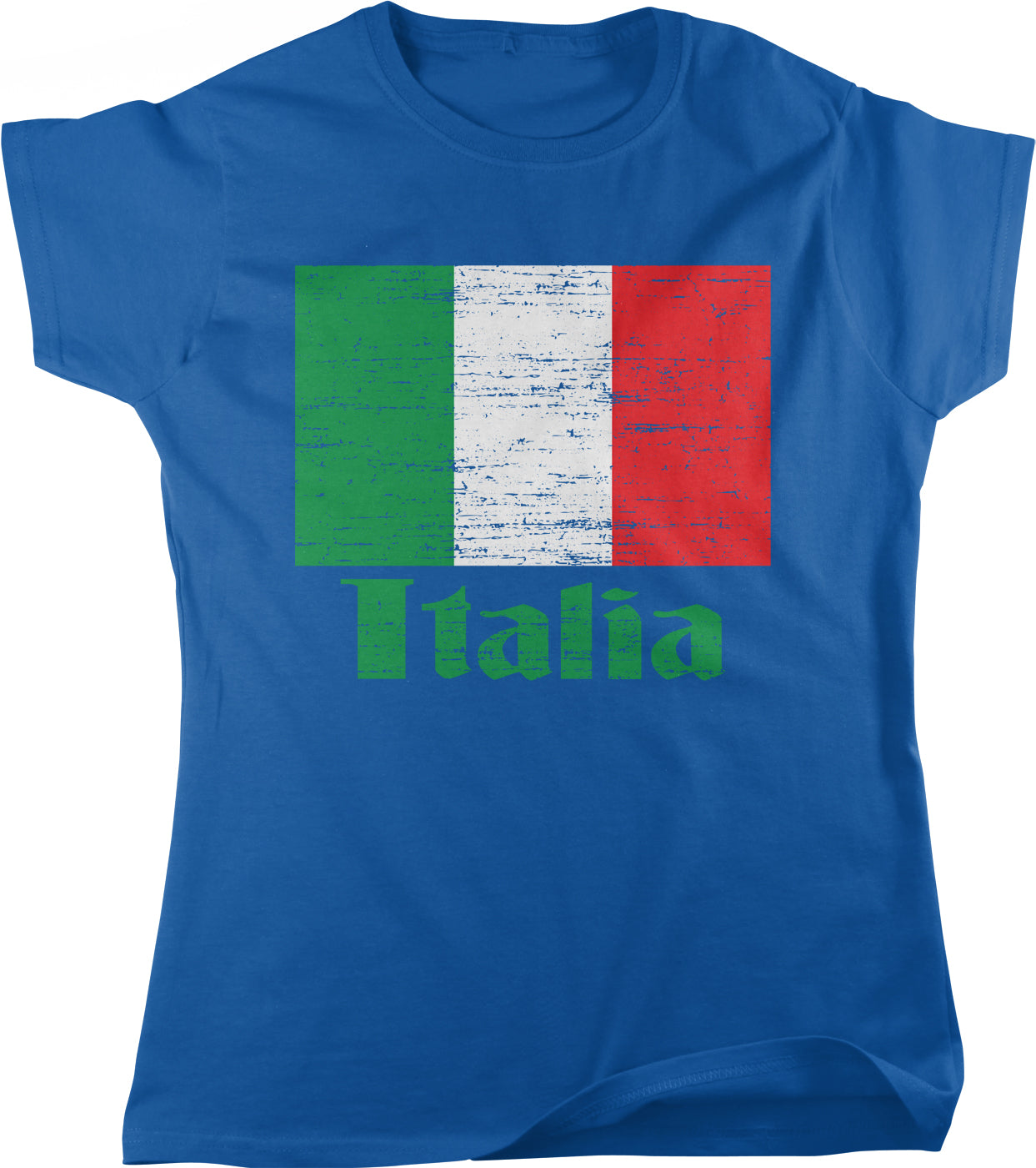 A blue t-shirt with the word "Italia" printed on it, along with the Italian flag design.