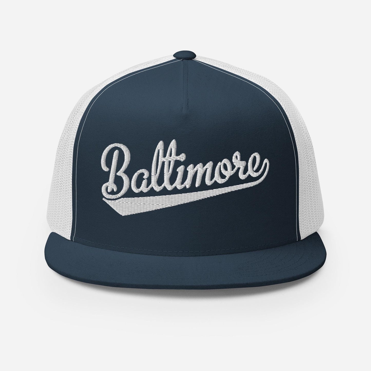A navy blue baseball cap with white text that says "Baltimore" on it.