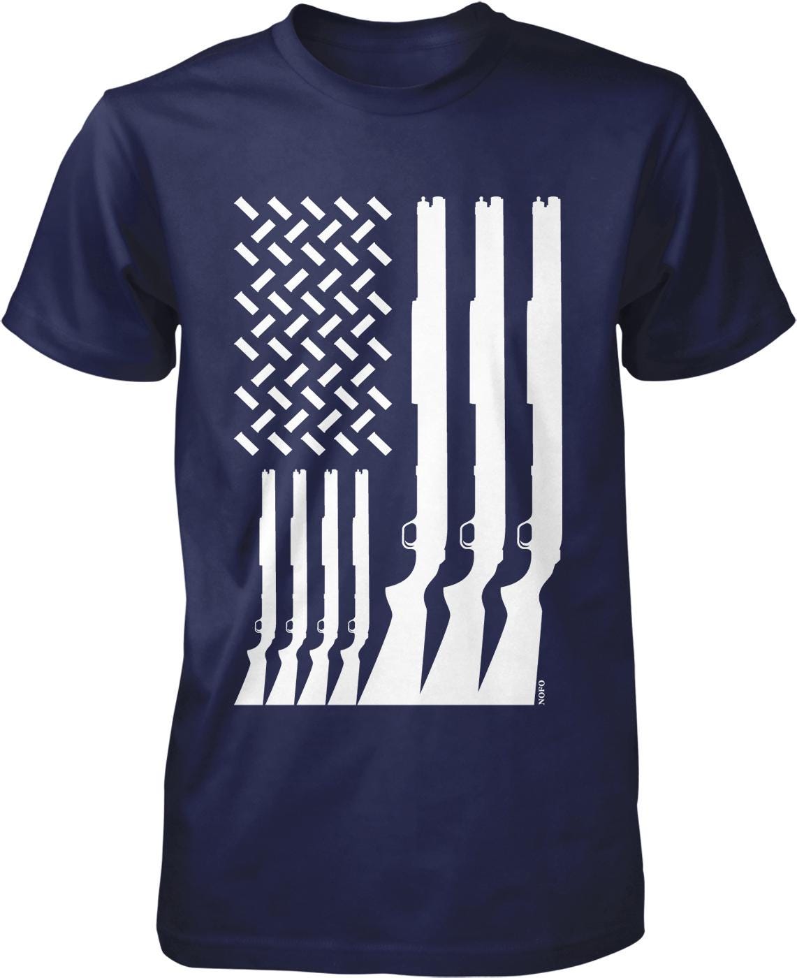 A navy blue t-shirt with a graphic design depicting a white American flag with a series of white rifles arranged in a diagonal line below it.