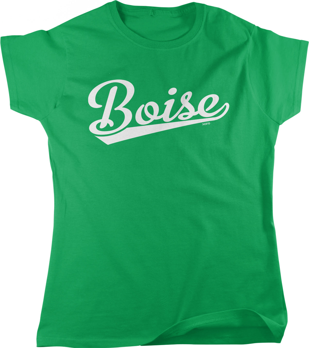 A bright green t-shirt with the word "Boise" printed on it in white text.