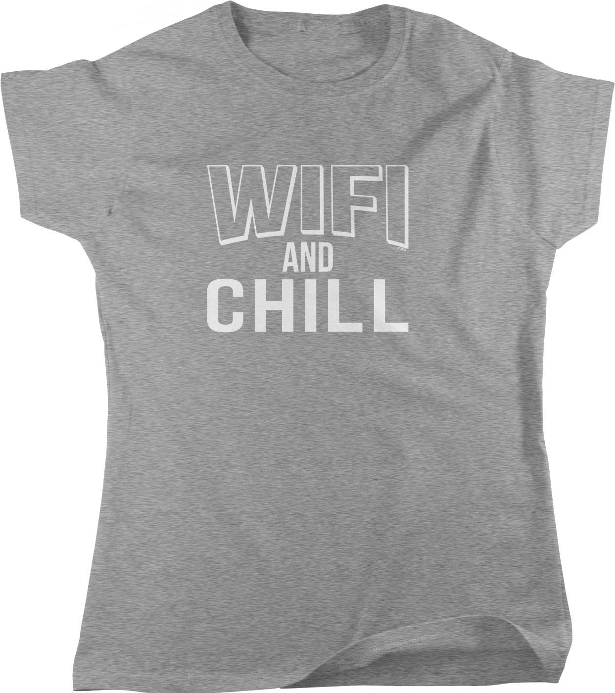 A gray t-shirt with the text "WIFI AND CHILL" printed on it in white letters.