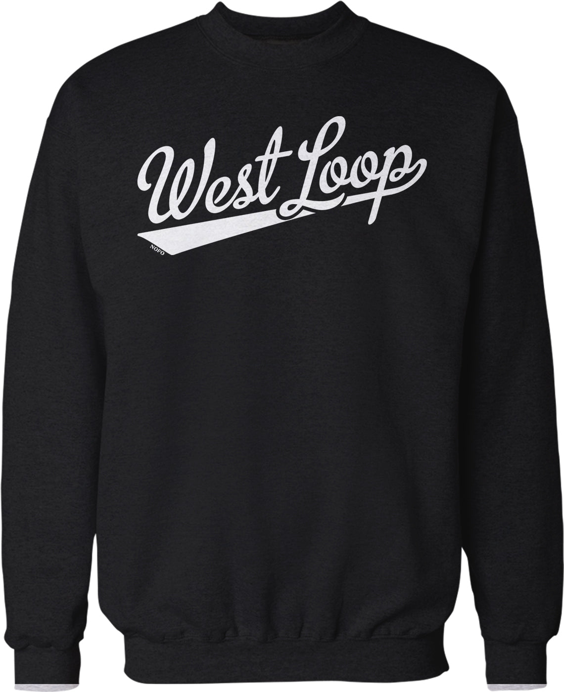 A black sweatshirt with the text "West Loop" printed on it in white.