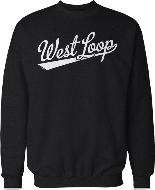 A black sweatshirt with the text "West Loop" printed on it in white.
