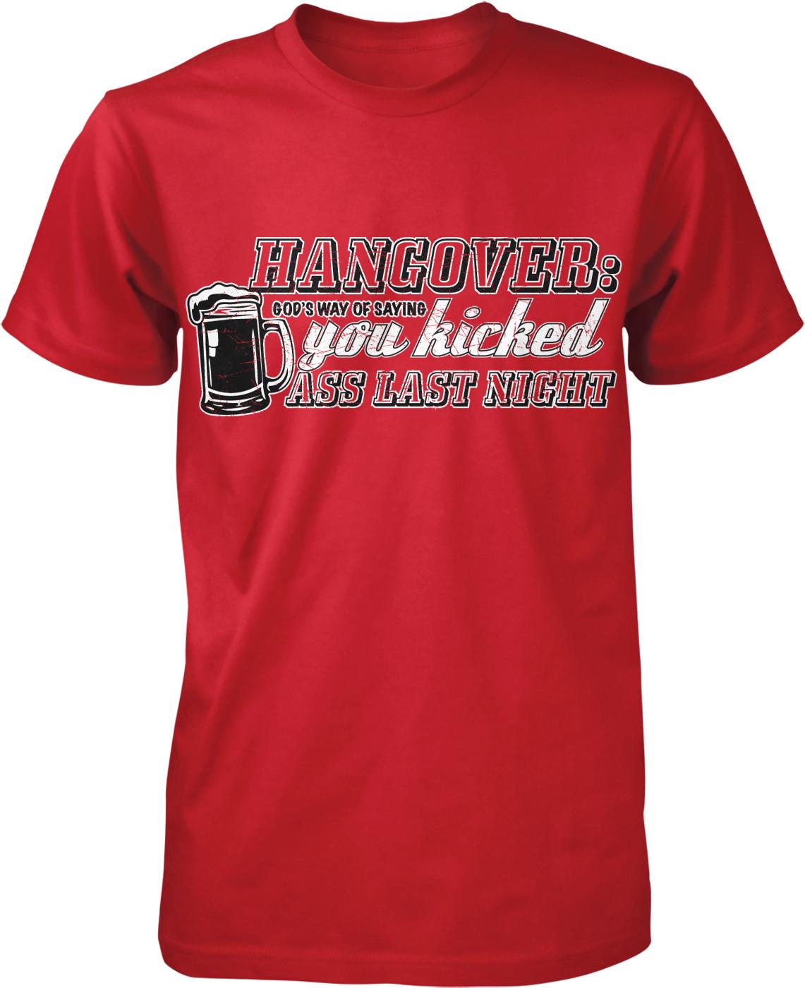 A red t-shirt with a humorous text and graphic design.