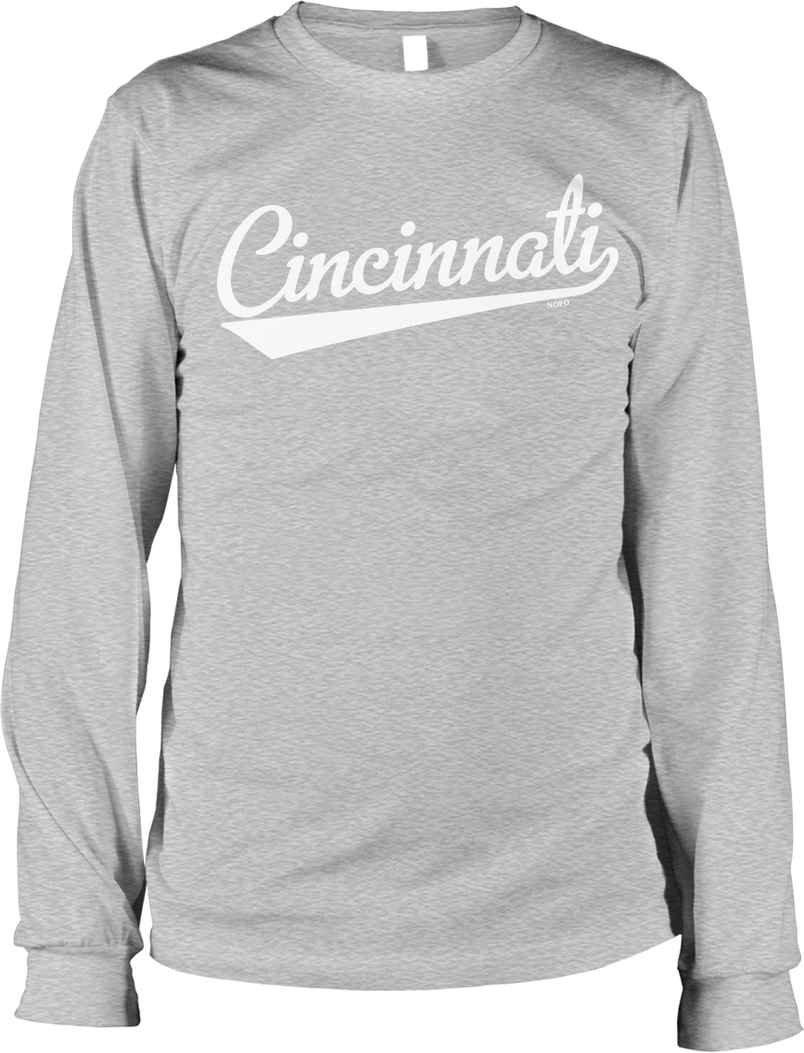 A gray long-sleeved shirt with the word "Cincinnati" printed on it in white text.