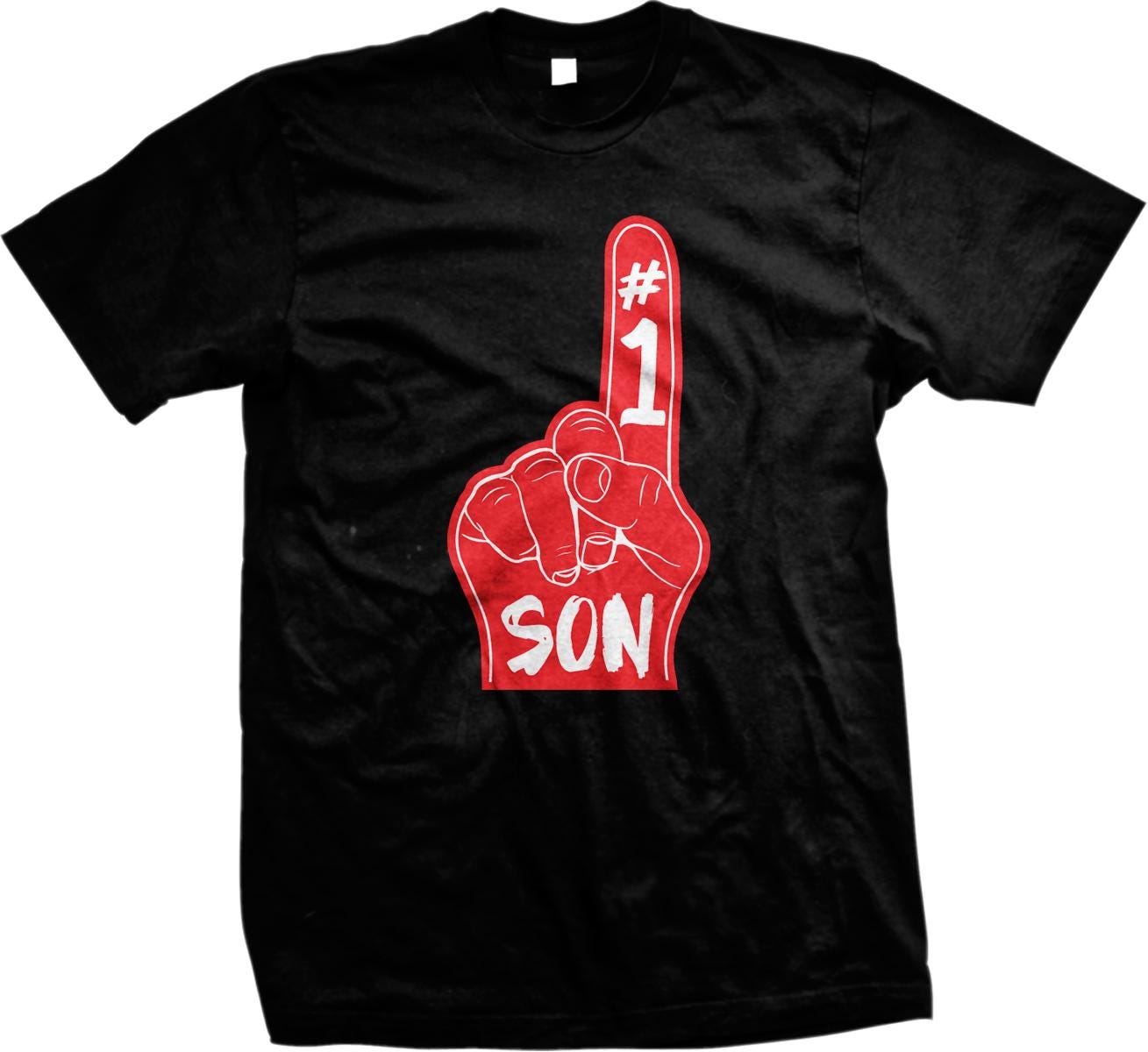 A black t-shirt with a red graphic design on it. The design features a red hand with the number 1 and the word "SON" written on it.