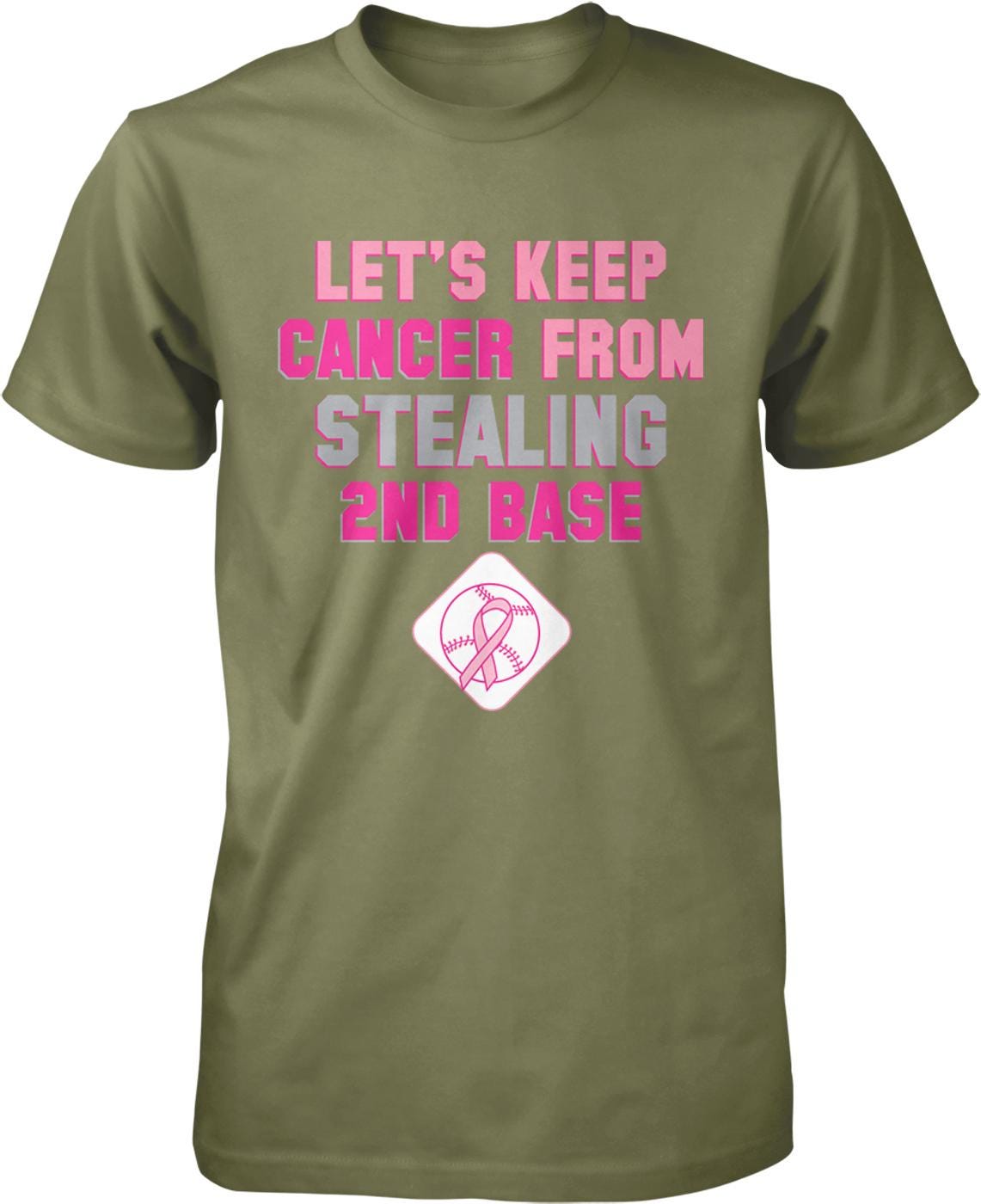 A green t-shirt with text and a pink baseball logo.