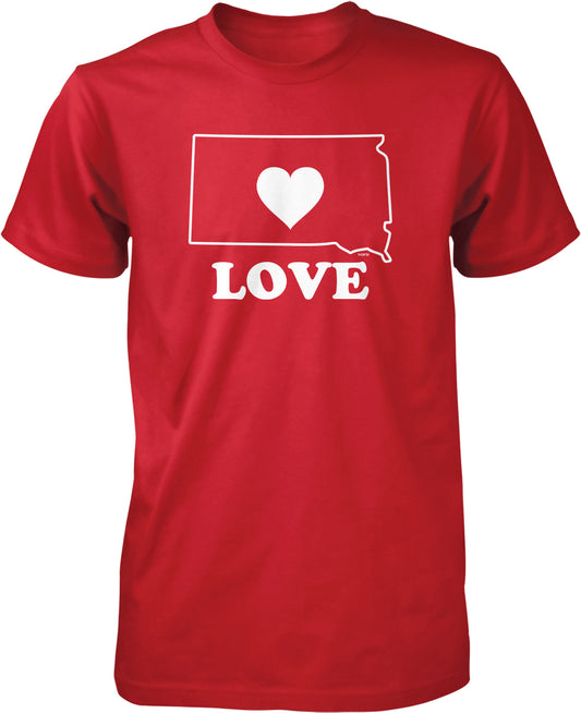 A red t-shirt with a white graphic design that says "LOVE" and features a heart symbol inside a state outline.
