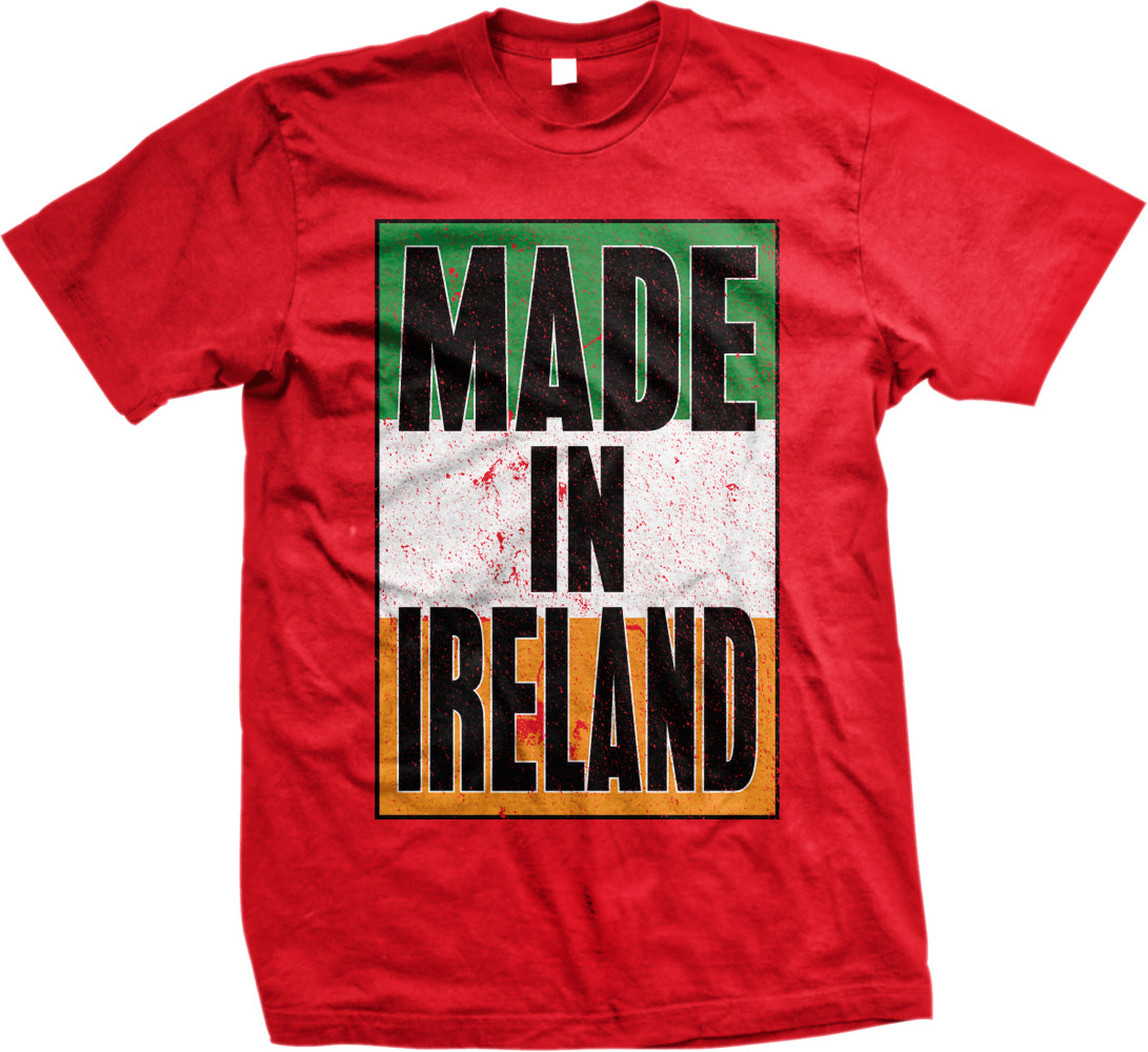 A red t-shirt with the text "MADE IN IRELAND" printed on it.
