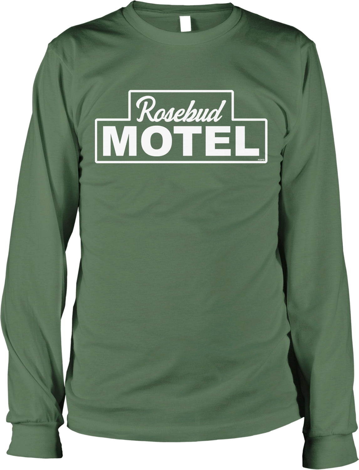 A long-sleeved green t-shirt with the text "Rosebud MOTEL" printed on it in white.
