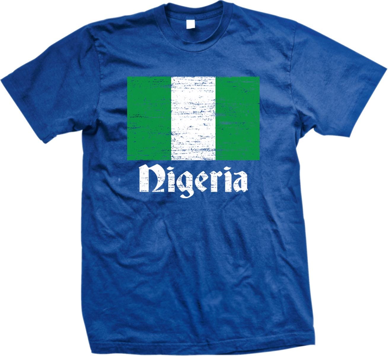 A blue t-shirt with the text &quot;Nigeria&quot; printed on it, along with a graphic of the Nigerian flag.