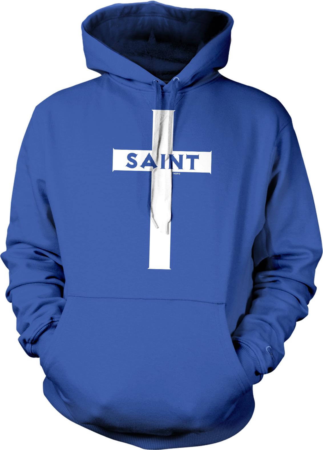A blue hoodie with a white cross design on the front.