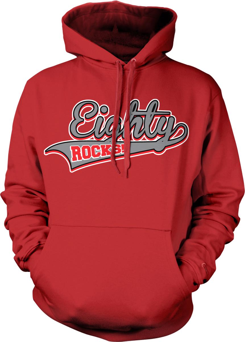 A red hoodie with the text "Eighty Rocks" printed on it.