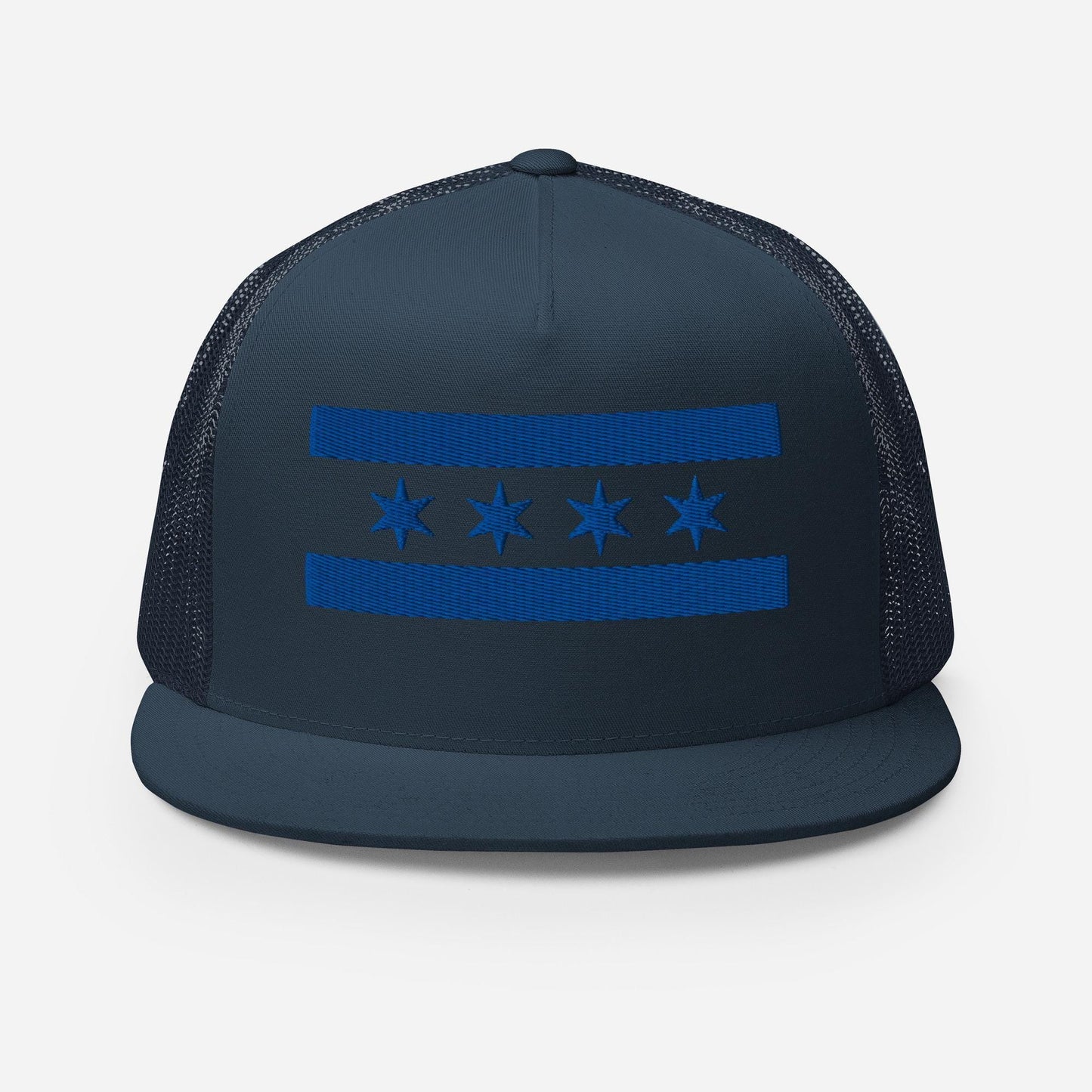 A black baseball cap with a blue flag design on the front.