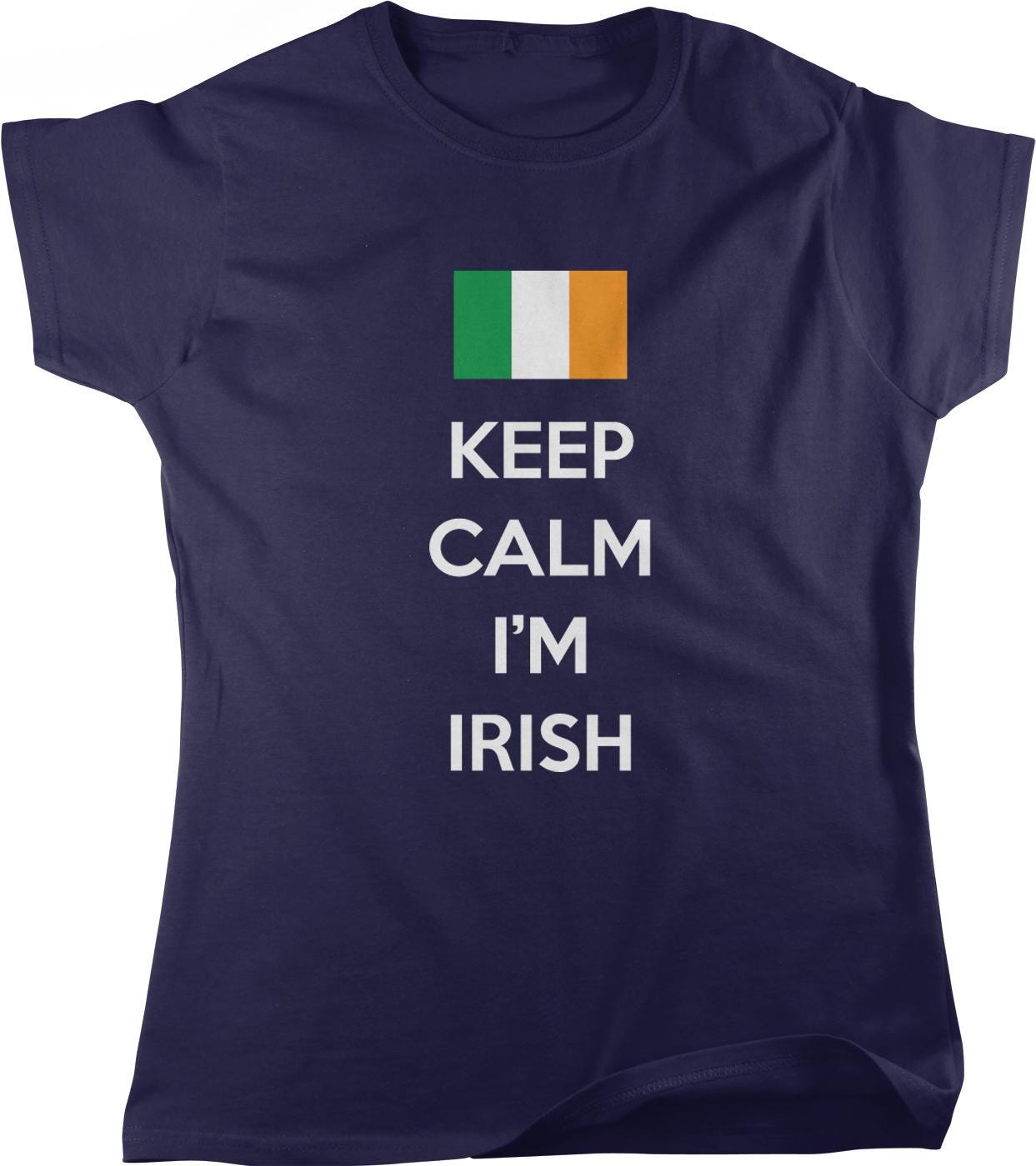 A navy blue t-shirt with the text "KEEP CALM I'M IRISH" printed on it, along with a small graphic of the Irish flag.