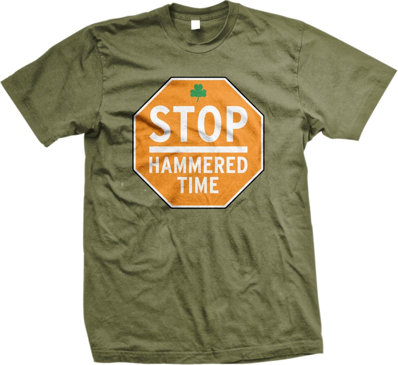 A green t-shirt with an orange octagonal stop sign and the text "HammerED TIME" printed on it.