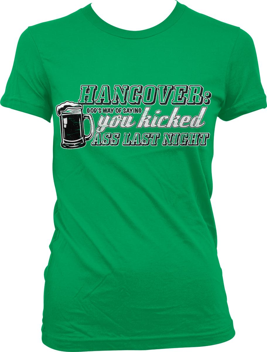A green t-shirt with a humorous text and graphic design.
