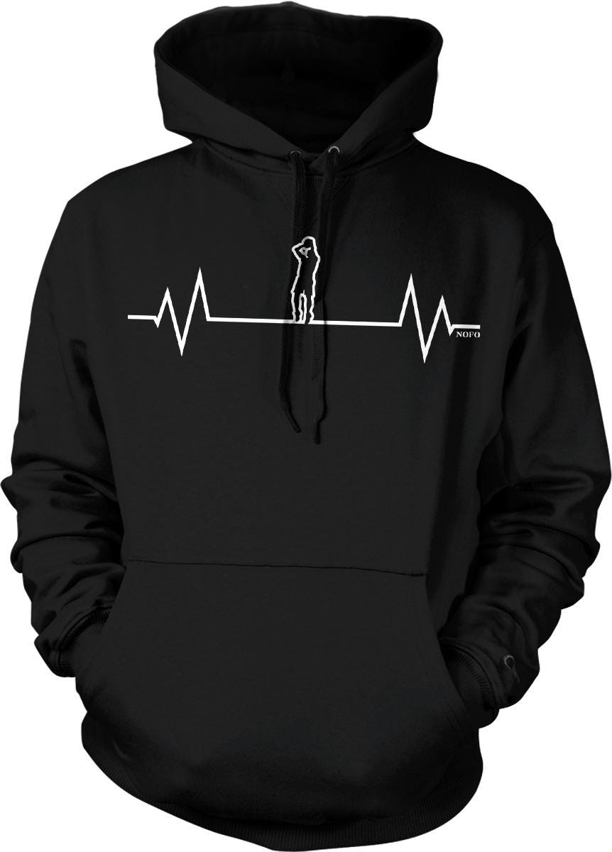 A black hoodie with a white line graphic depicting a silhouette of a person and the text "NOT" below it.