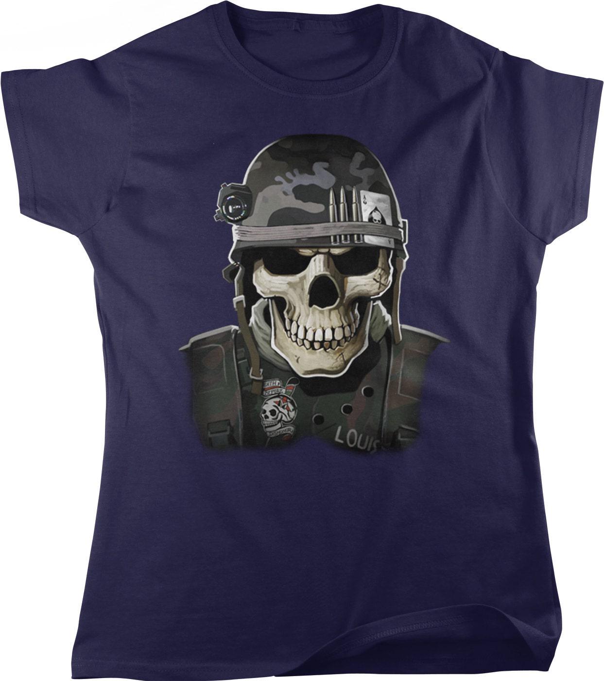 Military Skull T-Shirt – Women’s Full Cut Military Style Tee With Ace of Spades Design