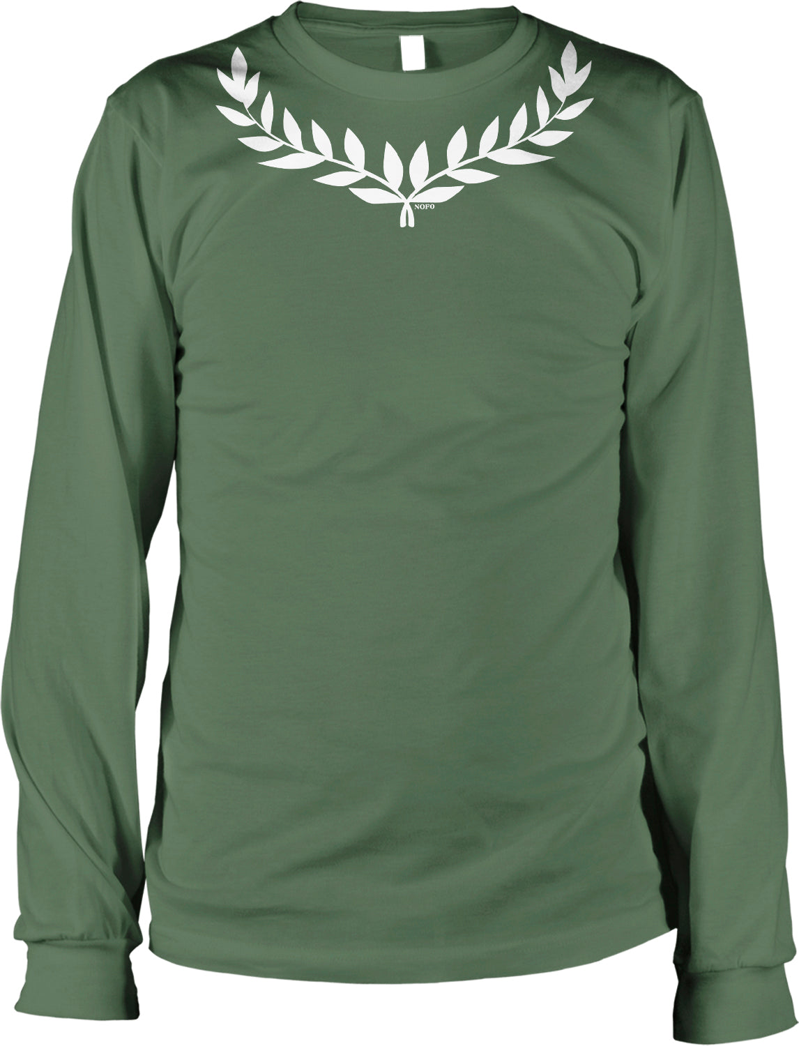 A long-sleeved green t-shirt with a white laurel wreath design on the front.
