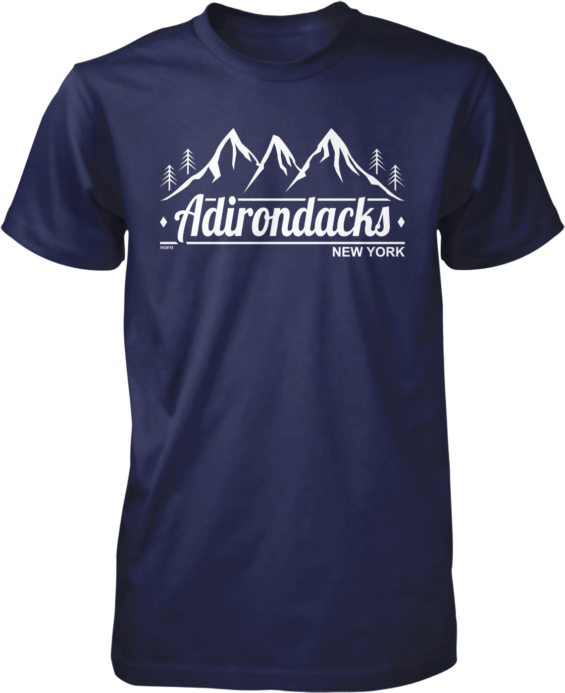 A navy blue t-shirt with a graphic design featuring a mountain range and the text "Adirondacks New York" printed on it.