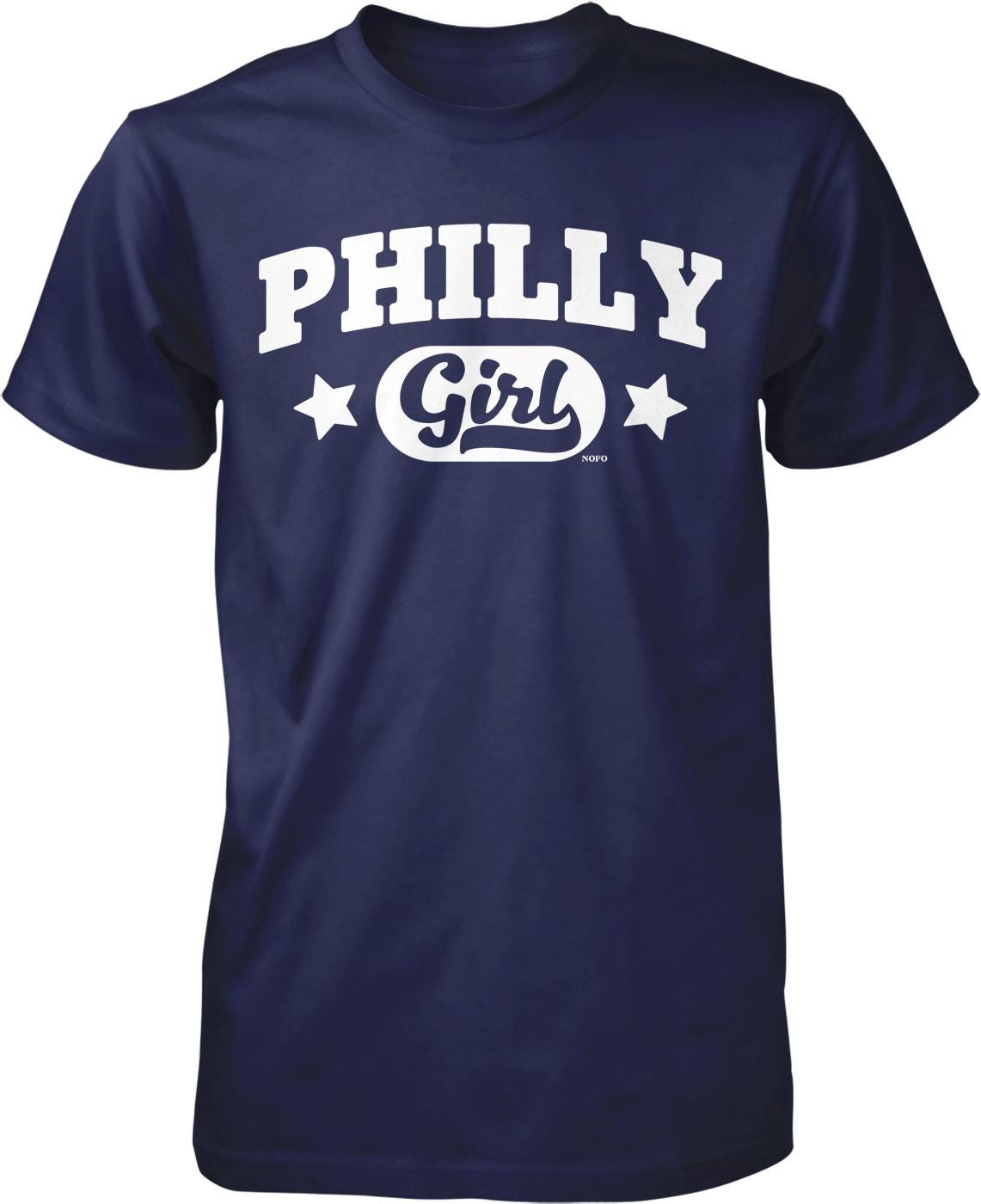 A navy blue t-shirt with the text "PHILLY Girl" printed on it in white letters.