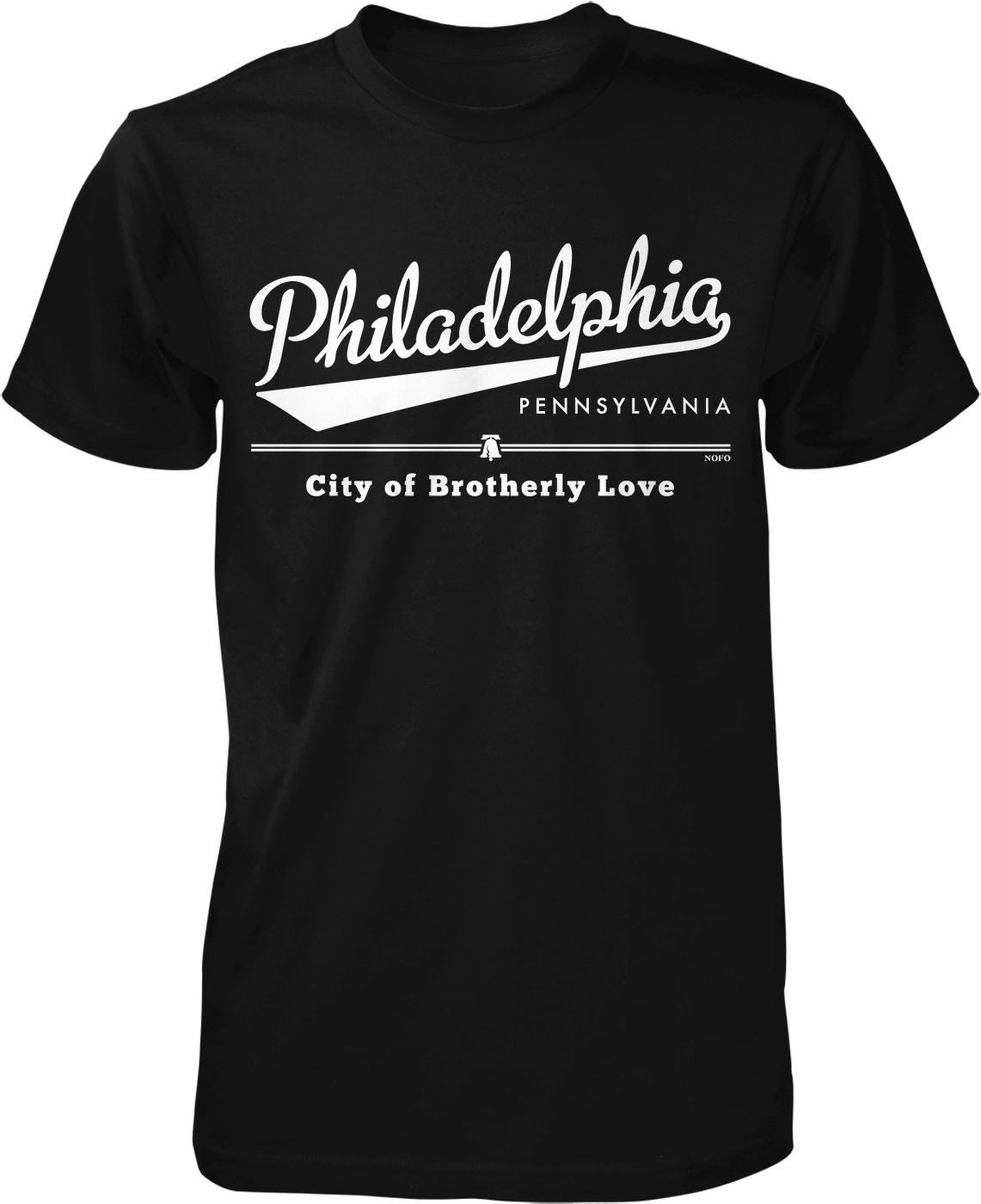 A black t-shirt with white text and graphics printed on it.