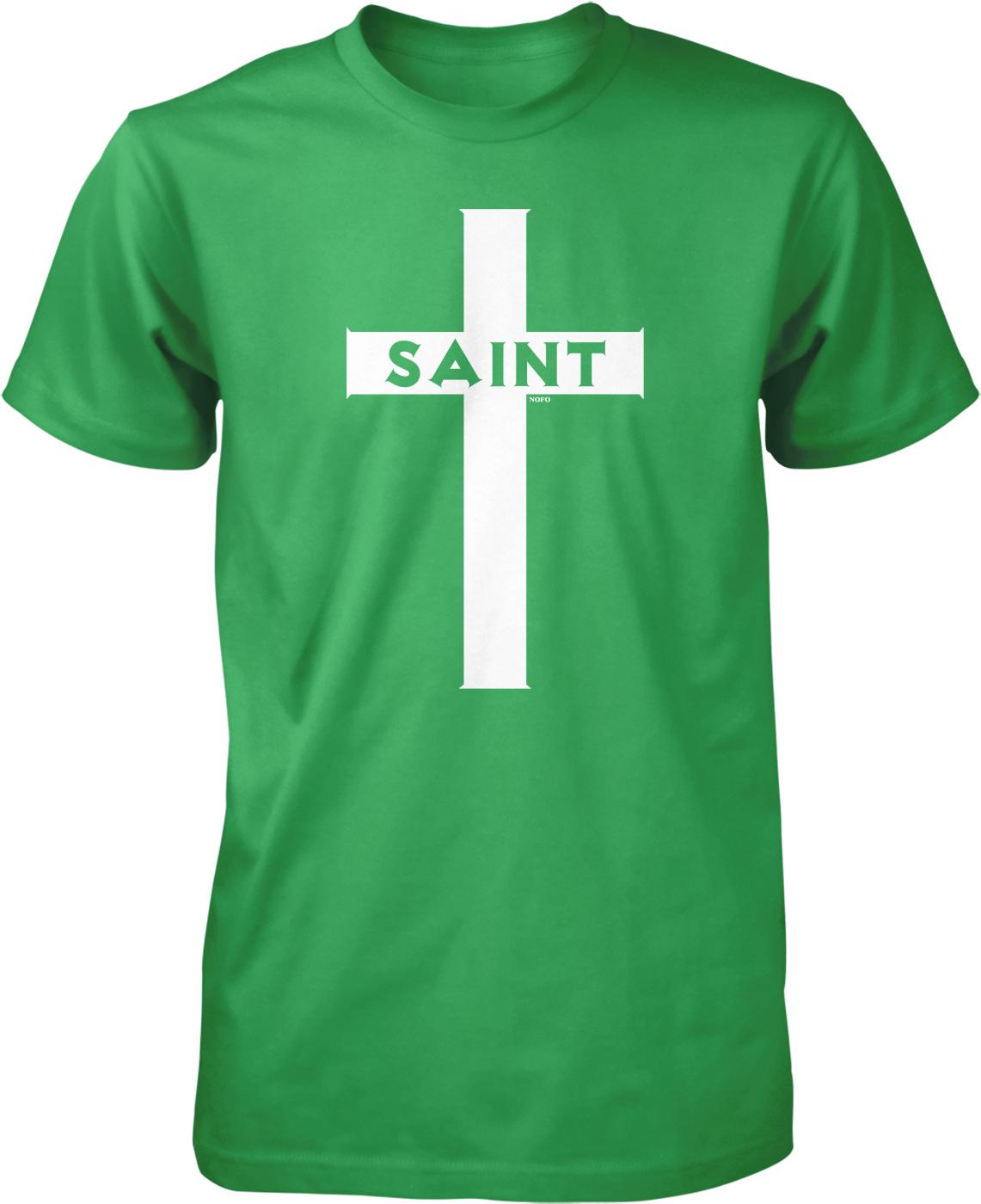 A green t-shirt with a white cross graphic and the word "SAINT" printed on it.