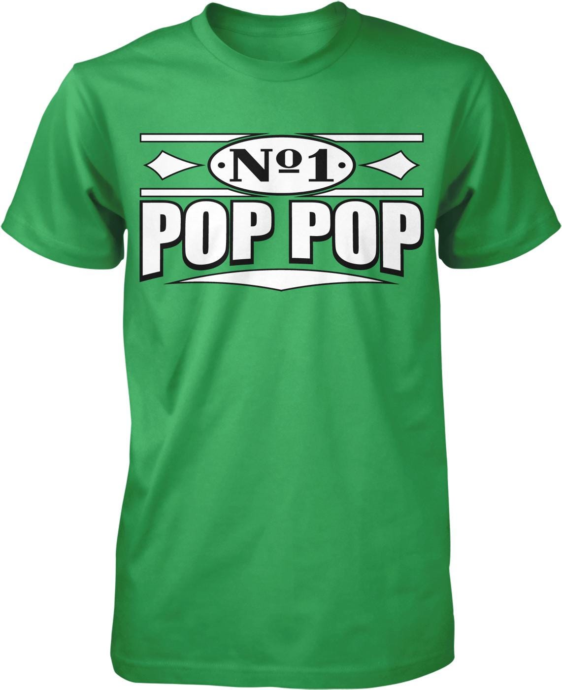 A green t-shirt with the text "No 1 POP POP" printed on it.