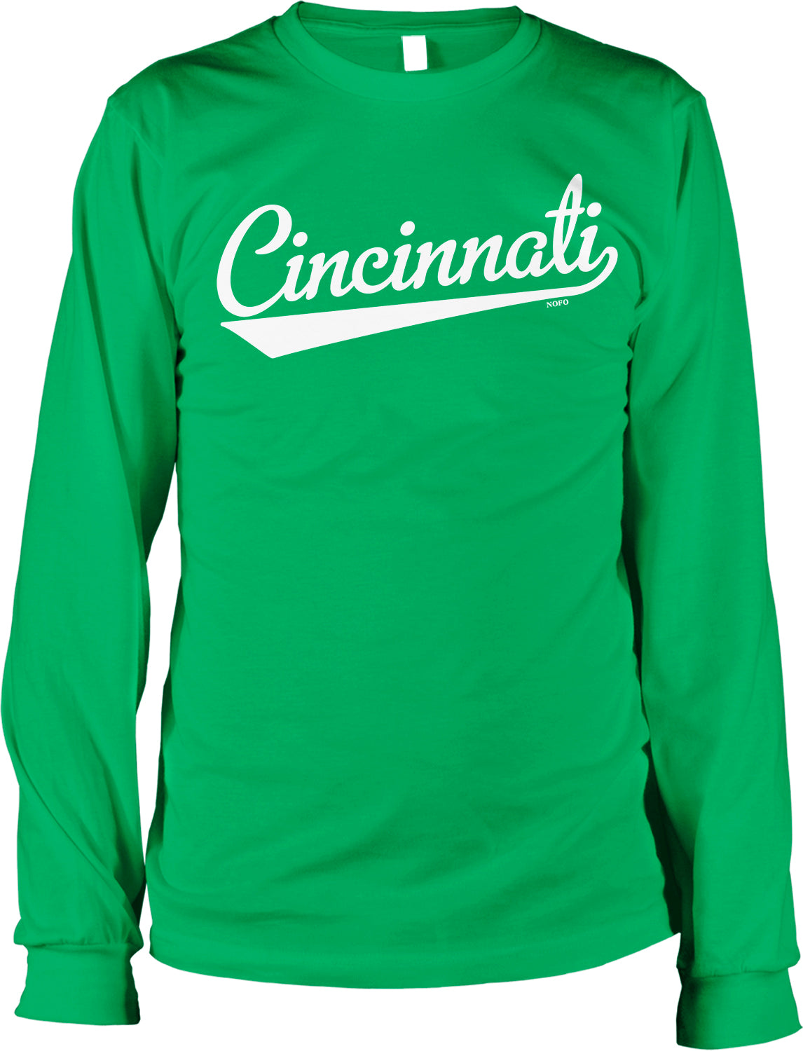 A bright green long-sleeved shirt with the word "Cincinnati" printed on it in white text.