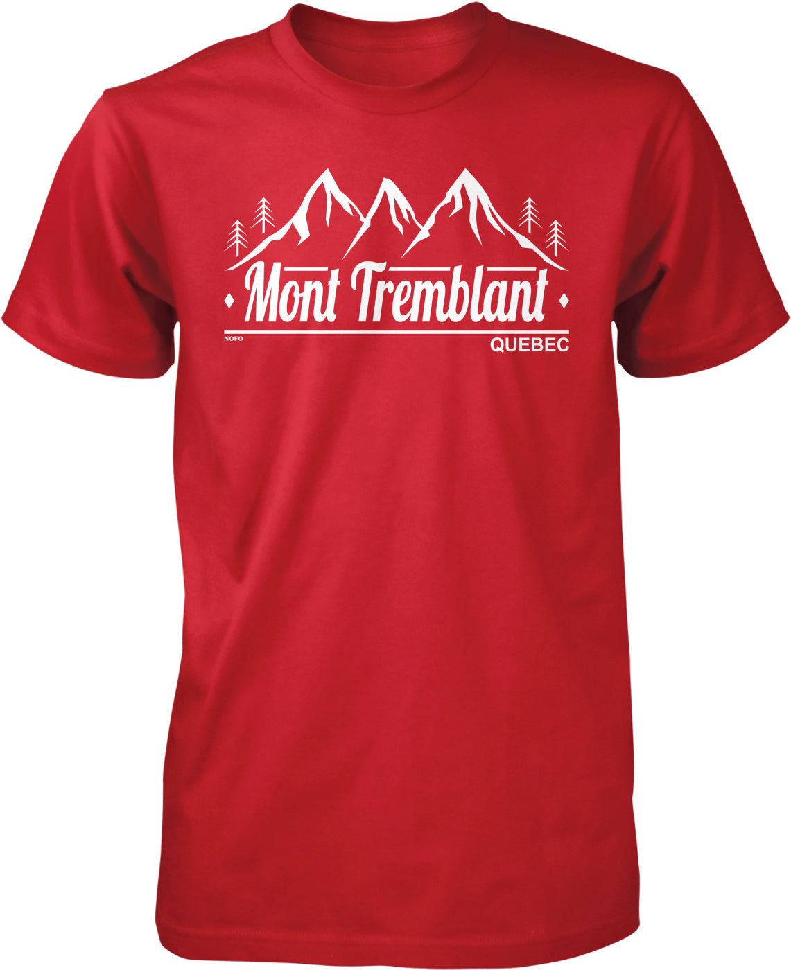 A red T-shirt with a graphic design featuring a mountain range and the text "Mont Tremblant" and "Quebec" printed on it.