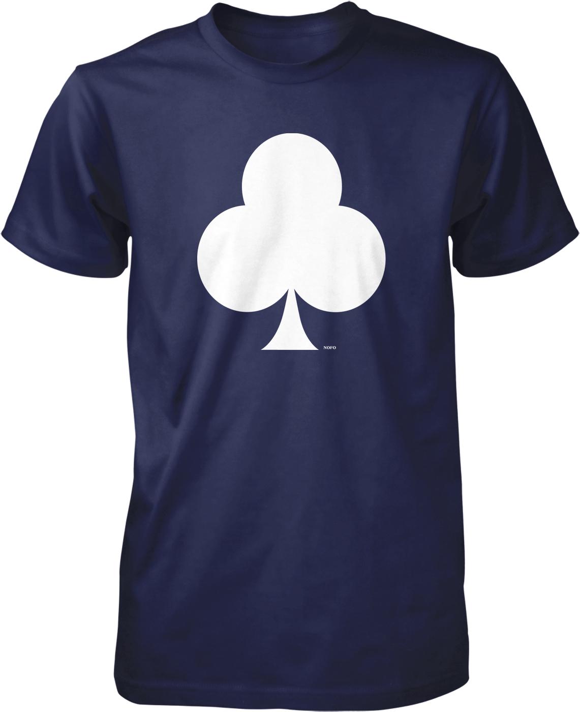 A navy blue t-shirt with a white graphic of a three-leaf clover on it.