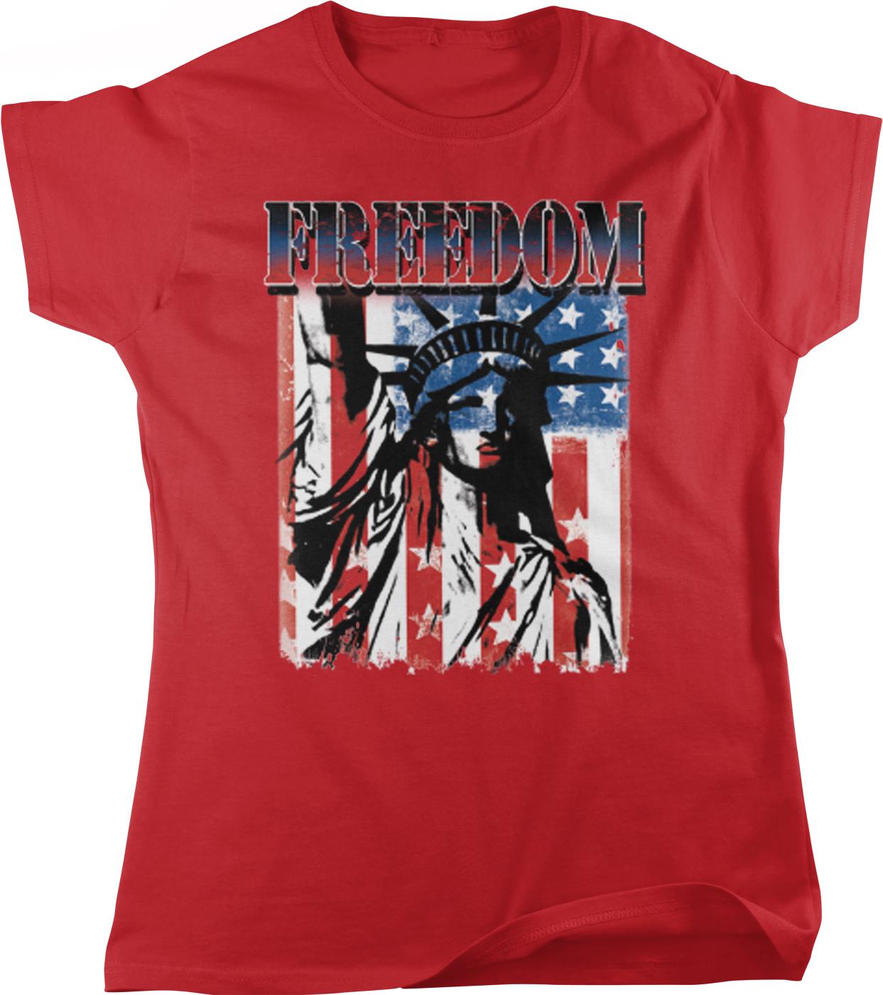 A red t-shirt with a graphic design featuring the Statue of Liberty and the American flag, along with the word "FREEDOM" prominently displayed.