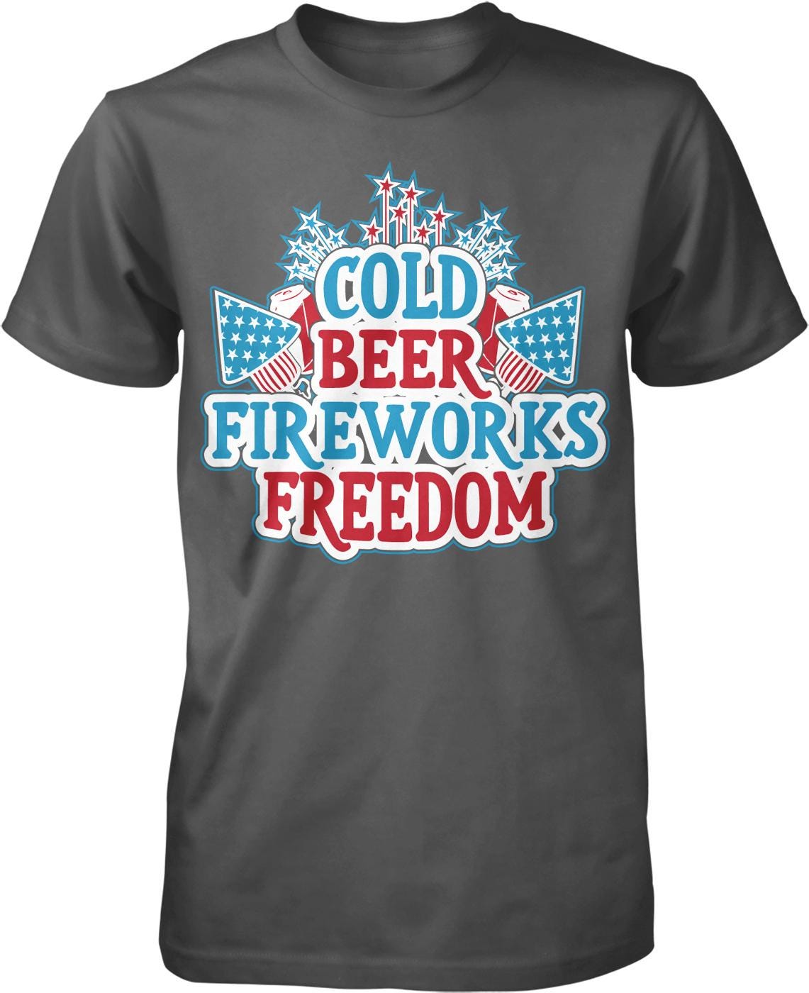 A gray t-shirt with a graphic design featuring the text "COLD BEER FIREWORKS FREEDOM" surrounded by fireworks and stars.