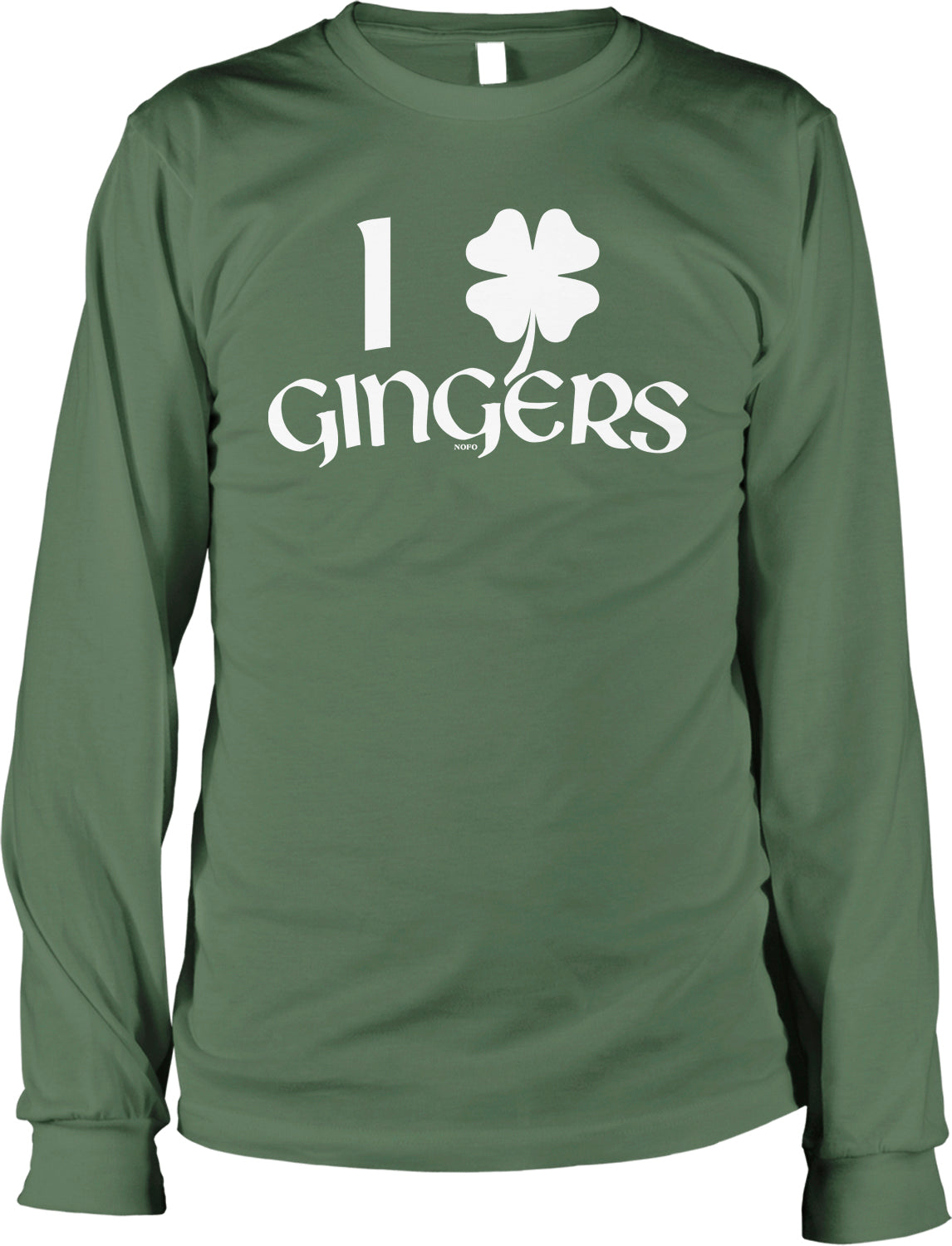 A green long-sleeved t-shirt with the text "I GINGERS" printed on it.