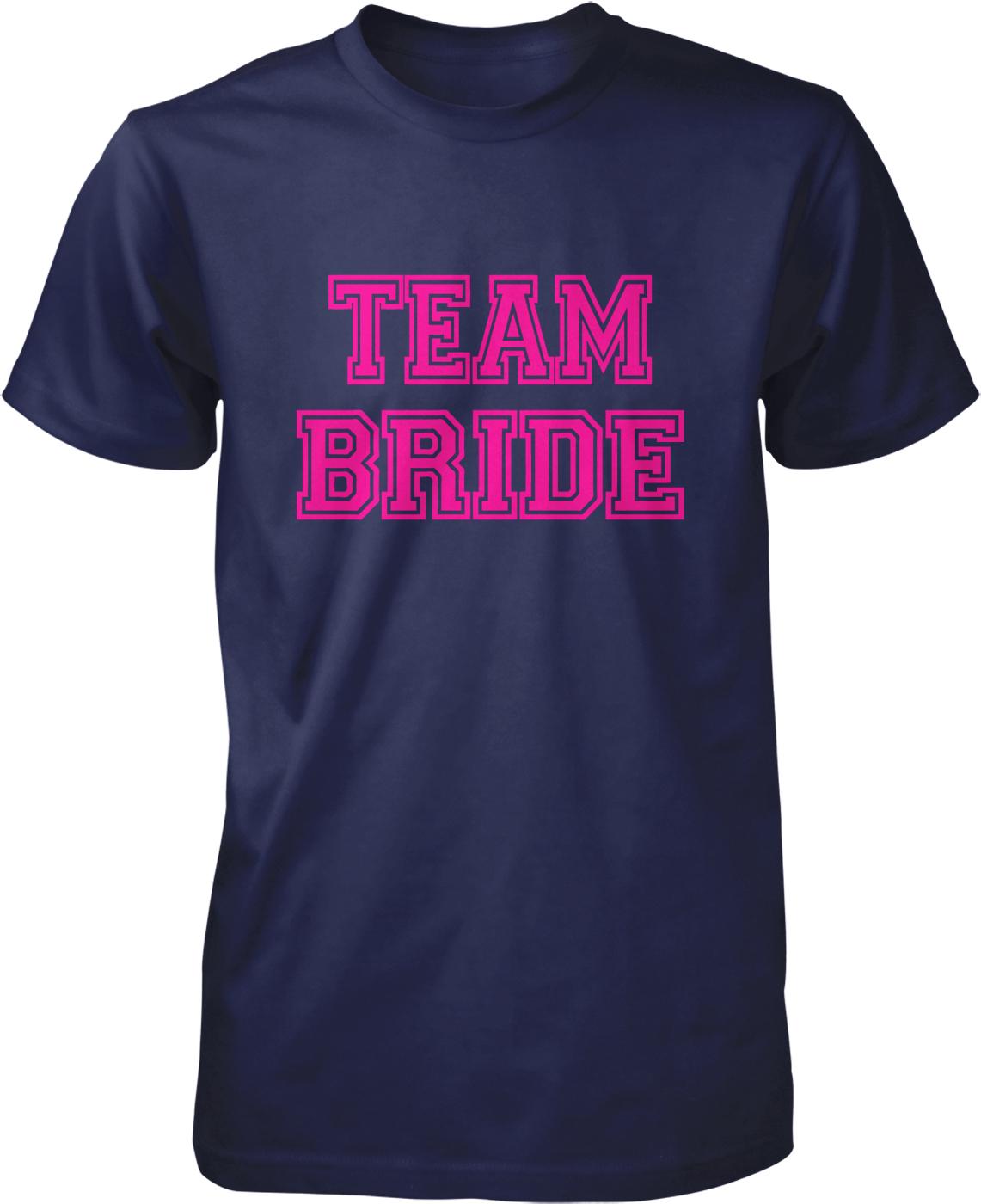 A navy blue t-shirt with the text "TEAM BRIDE" printed in pink letters.
