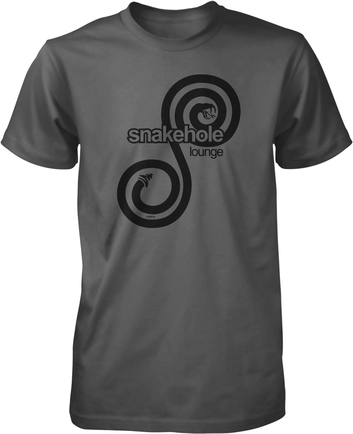 A gray t-shirt with a black graphic design featuring a stylized snake or snake-like shape and the text "snakehole lounge" printed on it.
