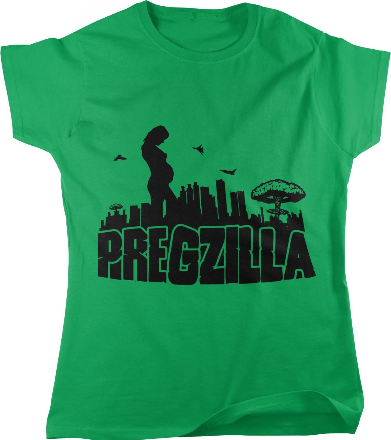 A green t-shirt with a graphic design featuring a silhouette of a person and a city skyline.