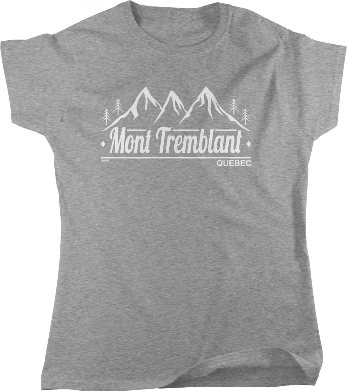 A gray t-shirt with a graphic design featuring a mountain range and the text "Mont Tremblant" and "Quebec" printed on it.