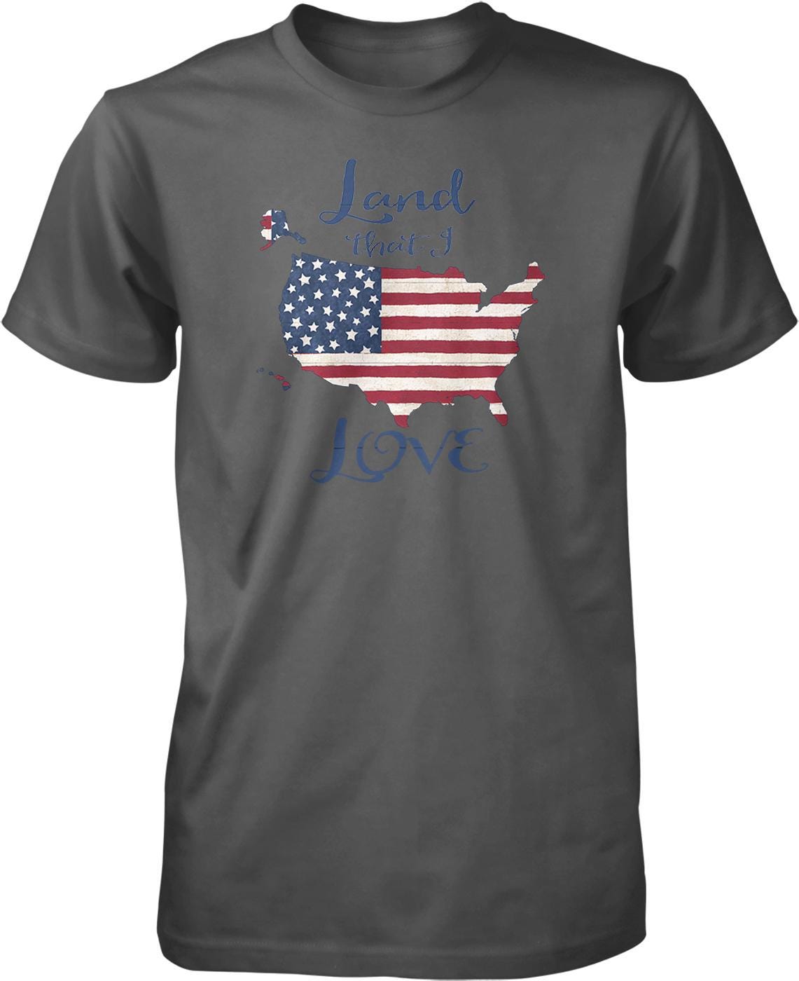 A gray t-shirt with a graphic design featuring the United States map and the text "I love" printed on it.