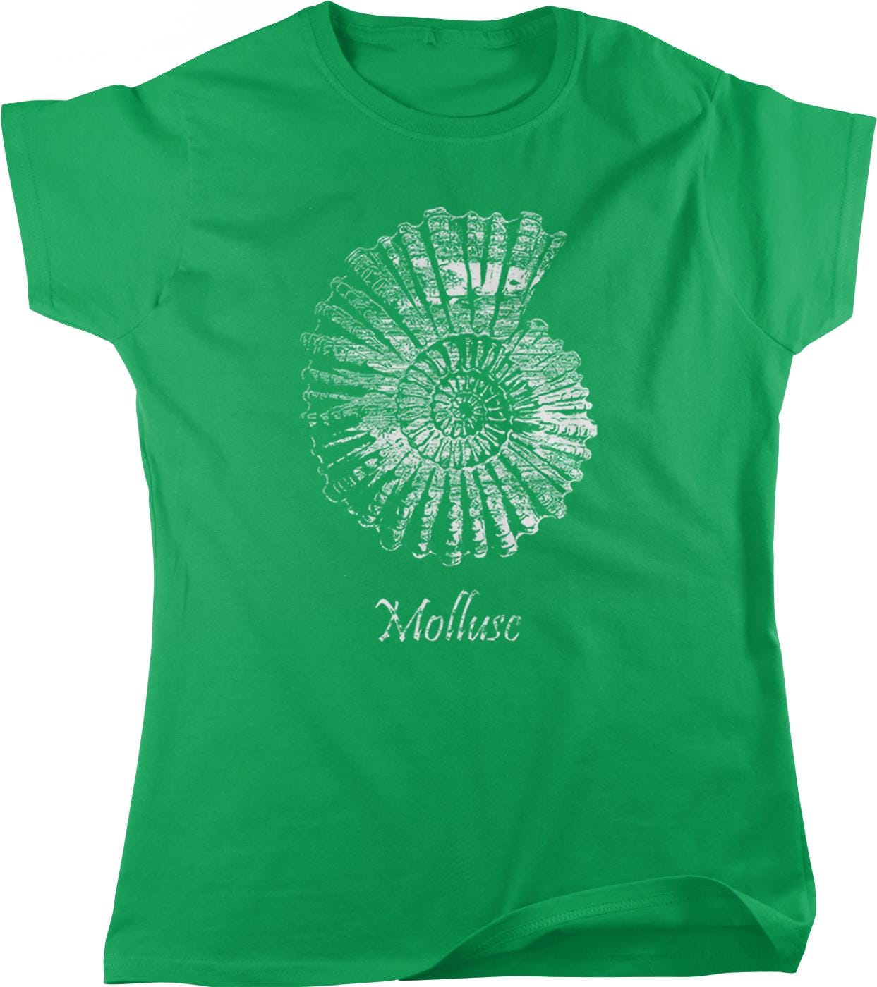 A green t-shirt with a white spiral design printed on it.