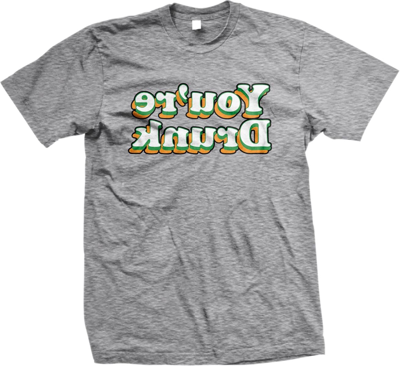 A gray t-shirt with a large text design on it.