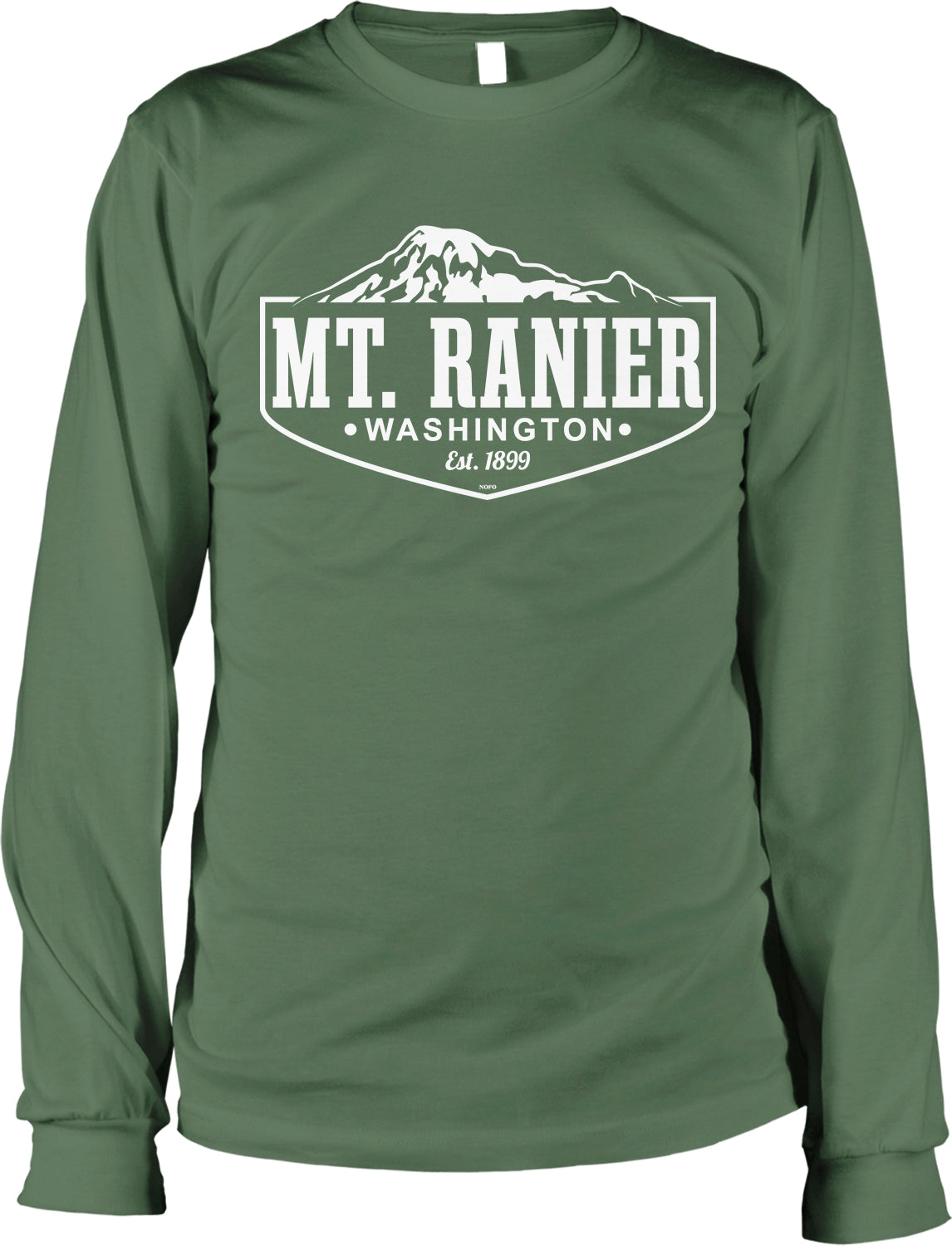 A green long-sleeved t-shirt with the text "MT. RANIER WASHINGTON Est. 1899" printed on it.
