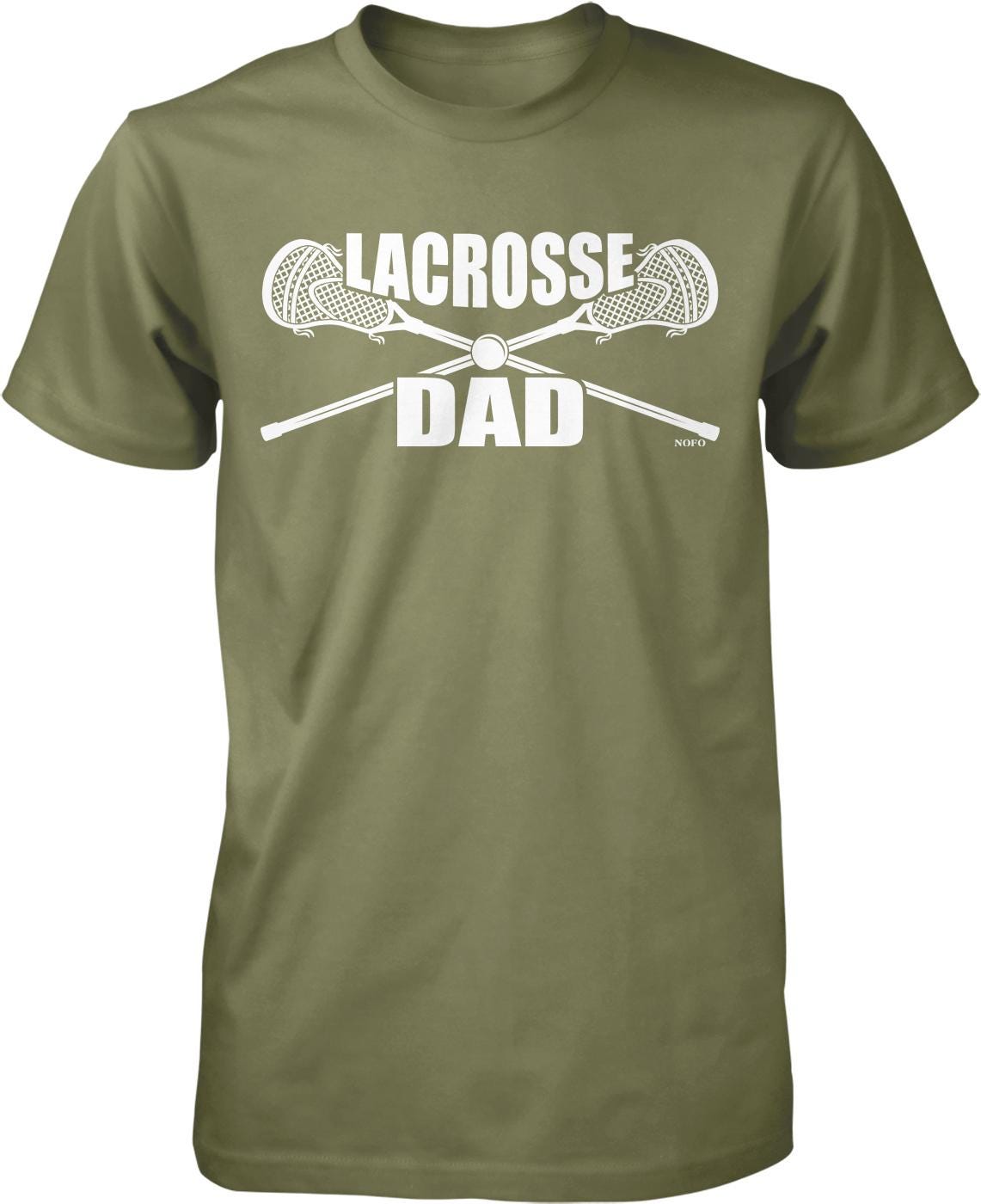 A green t-shirt with the text "LACROSSE DAD" printed on it, along with a graphic of a lacrosse stick crossed over a lacrosse net.