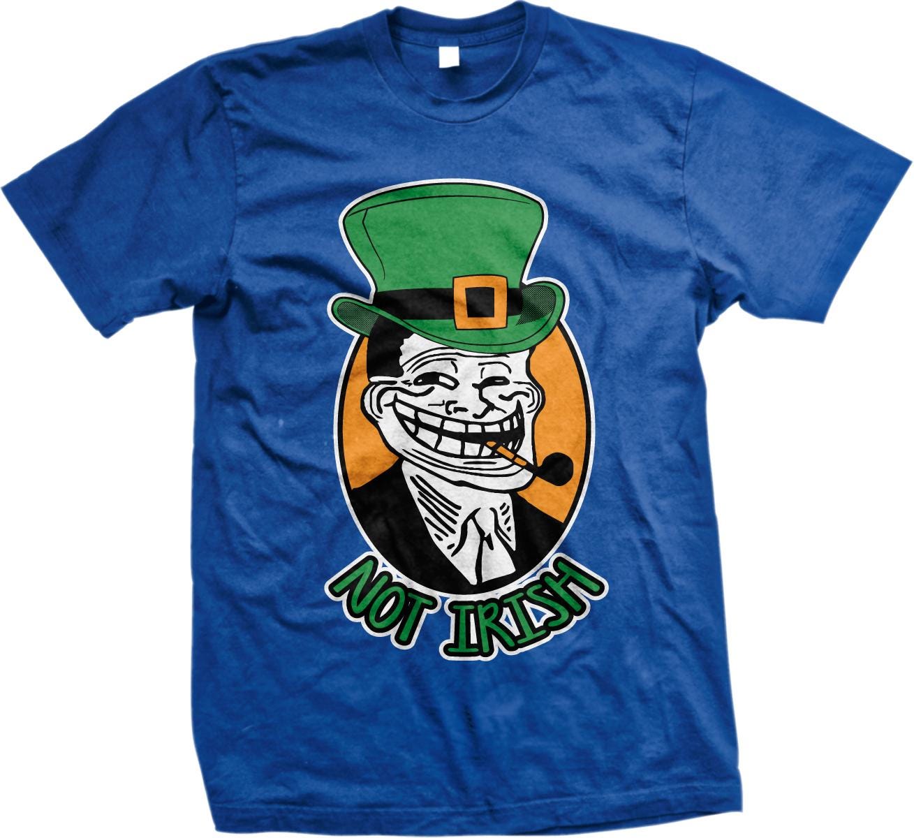 A blue t-shirt with a graphic design depicting a smiling, cartoonish figure wearing a green top hat and holding a pipe. The text below the image says &quot;NOT IRISH&quot;.