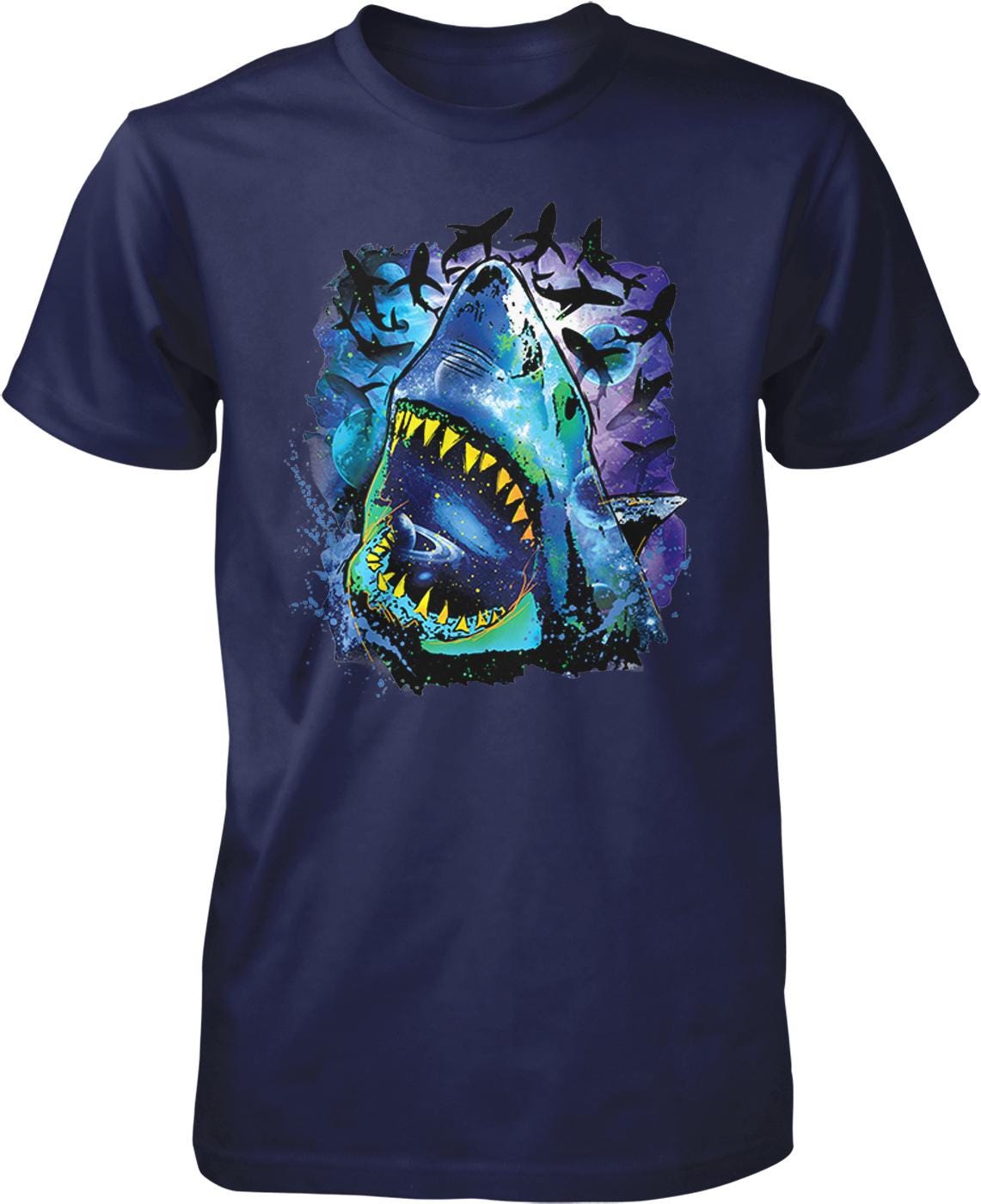 A t-shirt with a graphic design depicting a large, open-mouthed shark with sharp teeth, surrounded by a colorful, abstract background.